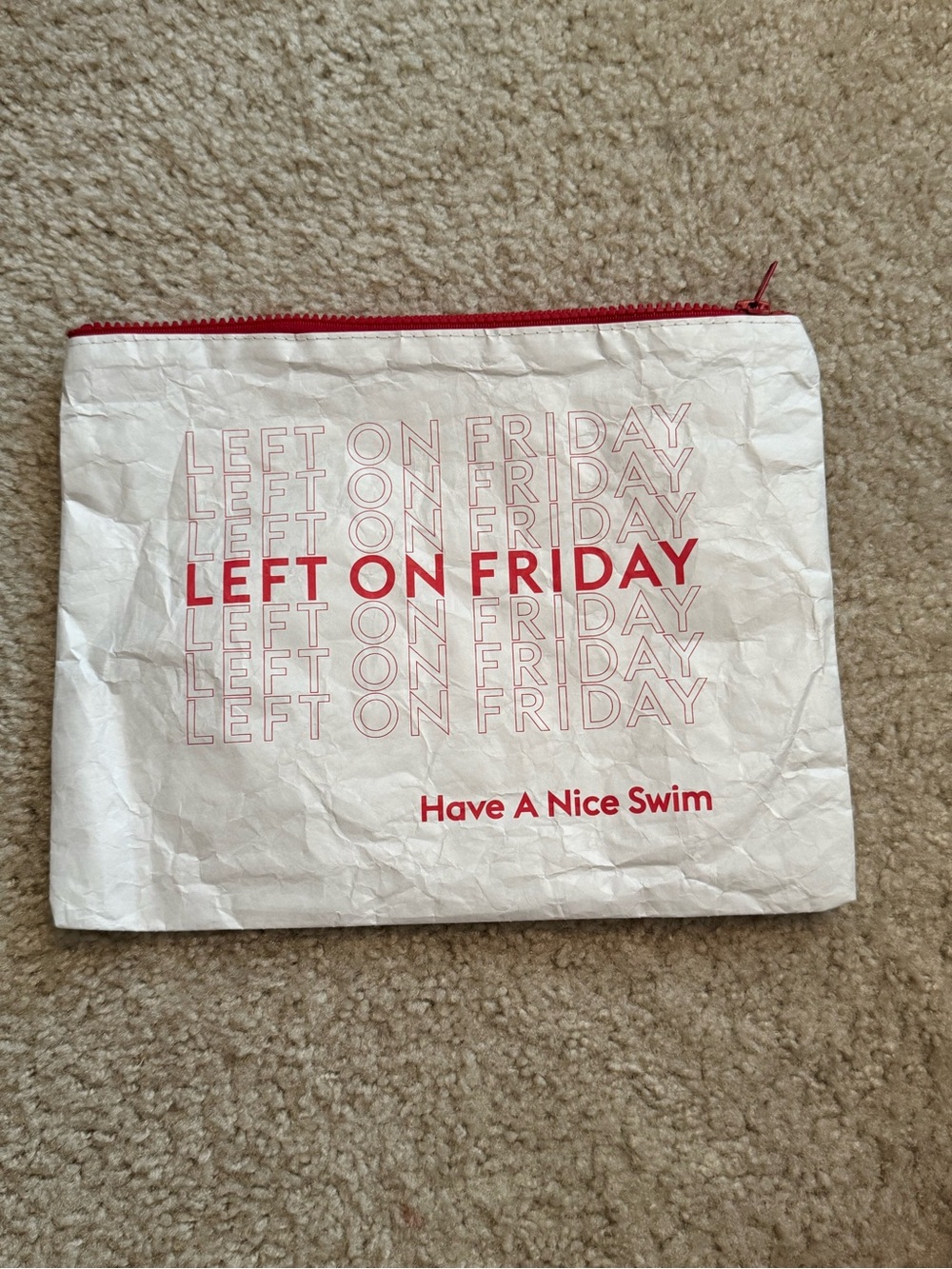 🔹 Left On Friday Swim Pouch in White with Red Accents
